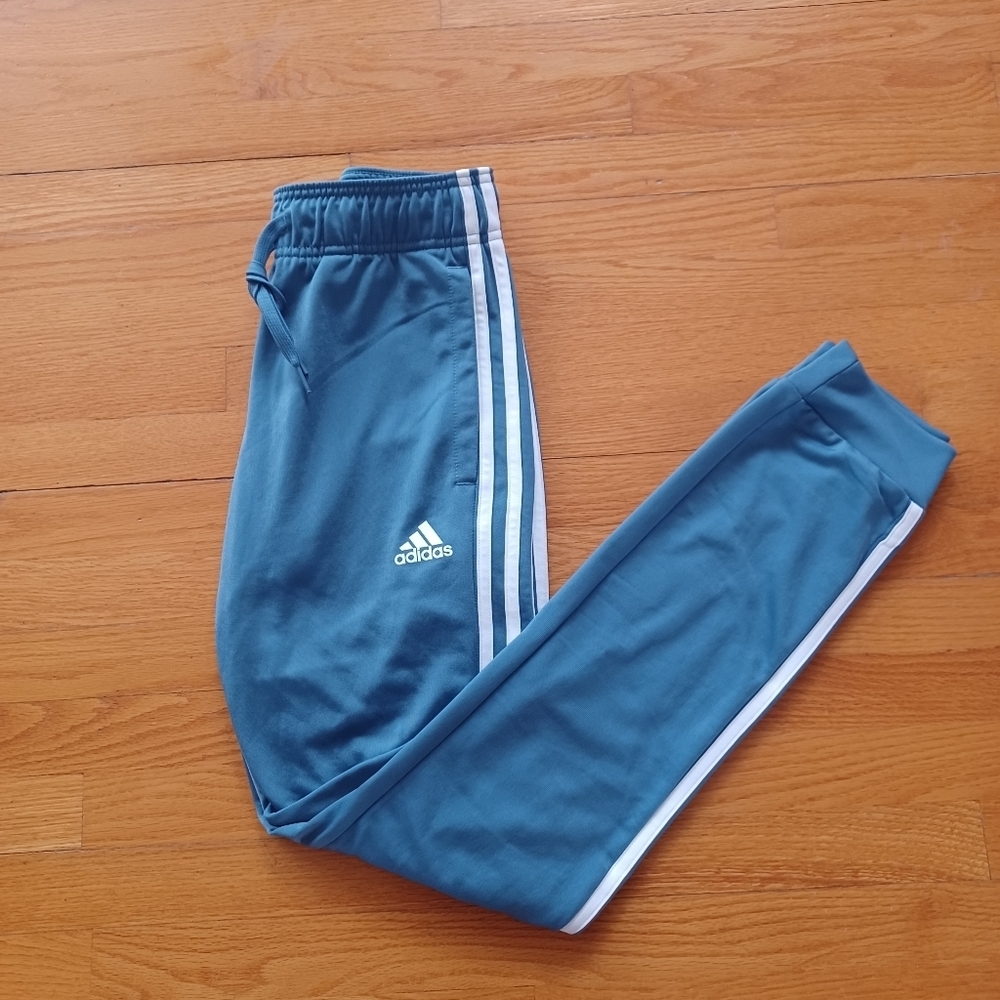 Adidas Essentials Blue Teal Warm-Up Slim Tapered 3-Stripes Trackpants XS